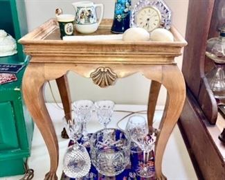 Vintage side tables/ carved claw feet, vintage lamp, ceramic/pottery collectibles, Waterford Crystal stems