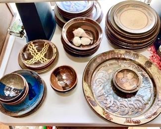 Hand crafted pottery plates, bowls, ashtray, etc.