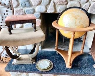 Oriental sword chair, hand stitched top small stool, vintage lighted globe in stand