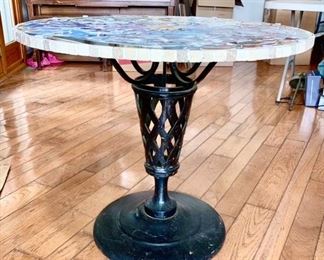 Decorative tiled table top (38") w/ additional glass top (56"), cast iron basketweave base