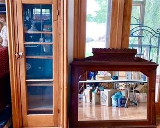 Antique pine tall chimney-like glass front cupboard, Victorian wood framed mirror/dresser top