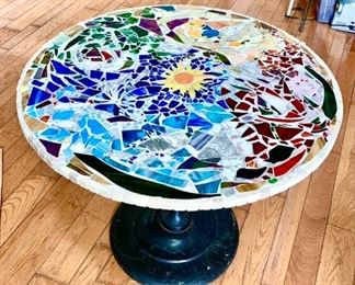 Decorative tiled table top (38") w/ additional glass top (56"), cast iron basketweave base