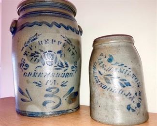 T.F. Reppert 3 gallon Greensboro, PA crock & Jas. Hamilton stoneware batter pail jar, Greensboro, PA