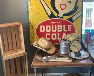 Antique hanging scale, wooden crates, Collectible tin. 