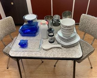 Vintage Card Table, Retro Chrome Diner Chairs. Flour Sifters. 