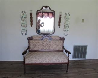 Rosewood settee, walnut mirror, pine sconces, Bavarian plates with holder