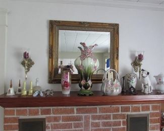 Vells, German slippers, sconces, gilded mirror, German handpainted vase, painted basket, teapot