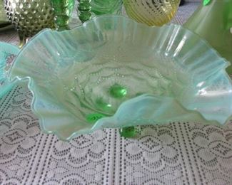 Lovely green lacy footed dish, and other colored glass.