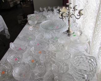 Clear glass and crystal, service pieces, platters, dishes,, stemware, candelabra