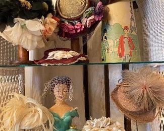 Antique ladies hats, more not pictured. Limoges dresser pieces