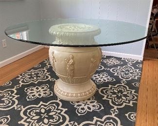 4/ $350 Dining Table glass top, terracotta base painted 54”round x 30”H with ½ inch glass & 7/ $80 Carpet blue and white geometric 62” x 94” 				