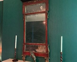 Antique mirror; barley twist candle sticks