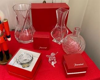 Baccarat glass vases, angel and jam pot