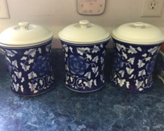 3 Blue And White Canisters 