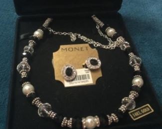 Monet Black And Pearl Necklace And Ear Rings