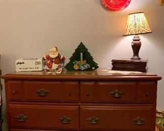 Early American dresser, Antique read finish, Coca-Cola thermometer, wood lamp and wooden box