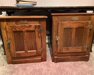 Two oak “ice box” end tables,