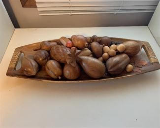 Mid century wood carved fruit and bowl