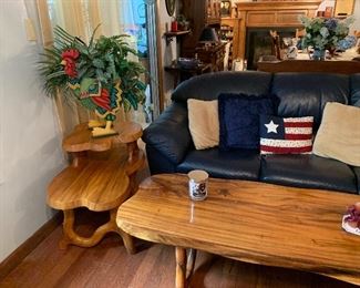 Unique coffee table and two end tables, live edge wood, imported by homeowner from the Philippines