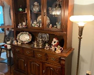 Beautiful lighted China hutch, antique pole lamp