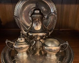 Silver coffee server with cream and sugar, silver trays