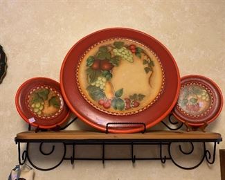 Hand painted plates and wrought iron shelf