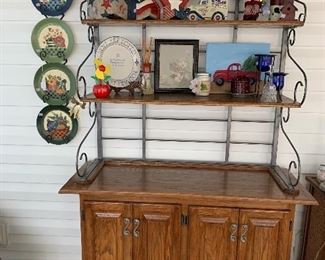 Oak bakers rack assortment of ha d painted bird houses and seasonal painted wood plates