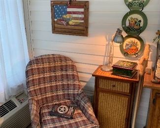 Plaid side chair, woven front side table