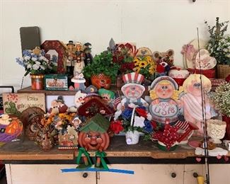 Large assortment of Valentine’s Day, patriotic, Fall a f Halloween hand painted decorations and floral decorations 