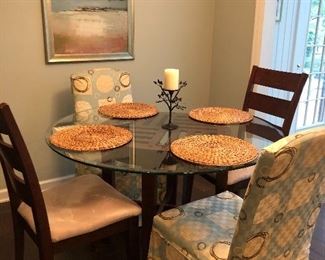 Dinette Glass Top Table w/4 wood chairs, Pair of Upholstered Parson's chairs.