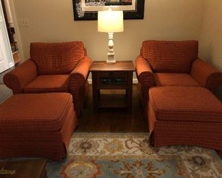 Pottery Barn Upholstered Side Chairs and Ottoman.
