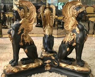 Empire style dining table-oval beveled glass on 3 bronze sphinxes,  on a molded plinth, signed, Val d’Osne, 1970’s 