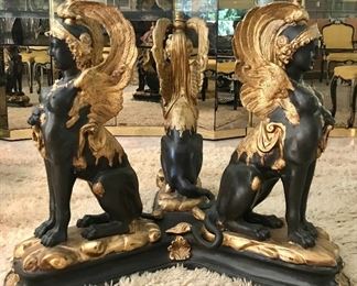 Empire style dining table-oval beveled glass on 3 bronze sphinxes, on a molded plinth, signed, Val d’Osne, 1970’s
