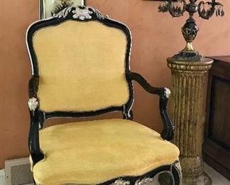 Louis XV style dining arm chair 
1 of 2 arm chairs from set of 8
1 of pair candelabra lamps 
1 of pair gilt column pedestals 