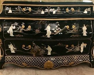Asian chinoiserie bombe chest black lacquered, gilt & MOP