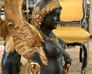 Detail
Empire style dining table-oval beveled glass on 3 bronze sphinxes, on a molded plinth, signed, Val d’Osne, 1970’s