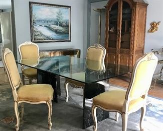 4 Louis XV style side chairs

Double pedestal marble table with glass top

Chinese style rug

Heritage armoires