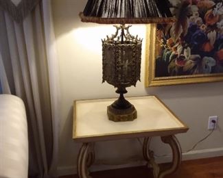 Heavy Vintage Spanish Brass Lamp with String Shade