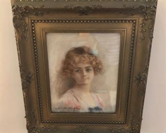 $395 Arthur William Woelfe (American, 1873-1936) “Portrait of Young Woman”, pastel on paper, framed under glass.
16” H x 14” W
