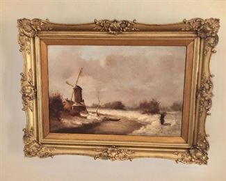 $995 Ary V. Bergen (German, 1886-1950) “Windmill”, oil on canvas, with extensive conservation portfolio included.
23.25” H x 31.5” W (frame)