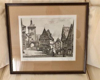 $150 Etching of Rothenburg, Germany, inscribed lower left and signed Harriet ? lower right.
14.75” H x 16.25” W
