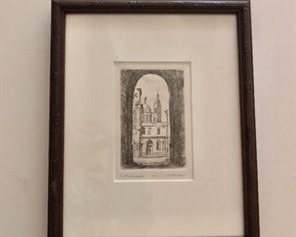 $165 Small Russian etching of an archway, signed illegibly lower right and inscribed in Cyrillic on label verso.
9.5” H x 7.5” W
