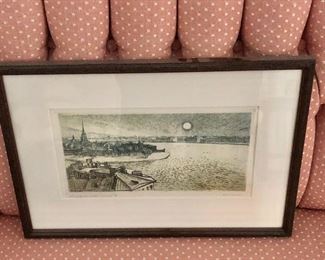$265 Russian etching of a coastline, signed illegibly lower right, inscribed, numbered lower left and on label verso in Cyrillic.
10.25” H x 14.75” W