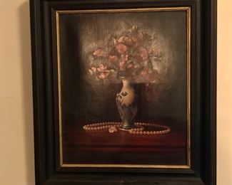 $395 Betty Bauser signed (20th C) Still Life with Flowers and Pearls,
15.5” H x 13.5” W