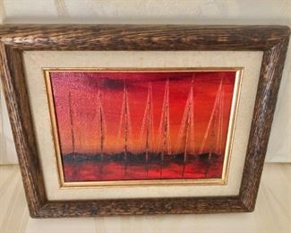 $85 Sally Davis (American, 20th Century) Sailboats with Red Sky, signed S. Davis on label verso and stamped with the artist's name.
8.25” H x 10” W
