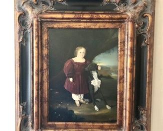 $750  "Child with Dog", oil on board, accompanied by copy of appraisal dated December 16, 1994.
26.75” H x 22.75” W