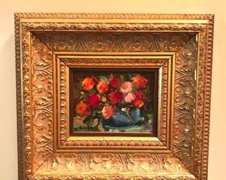 $295 Yvette Boulanger (Canadian, 1932-2015) floral oil on board painting in intricate frame, signed lower left and dated 2005 verso. 10.5" H x 11.5" W
