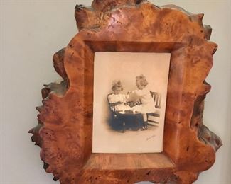 $95 - Vintage photo in hand carved burl frame 