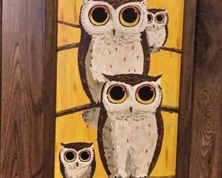 $95 Mid century print with four owls. 25.75" H x 14" W