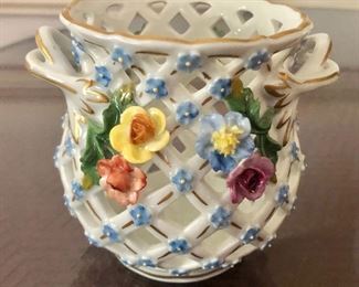 $40 Dresden floral small reticulated  vase 
